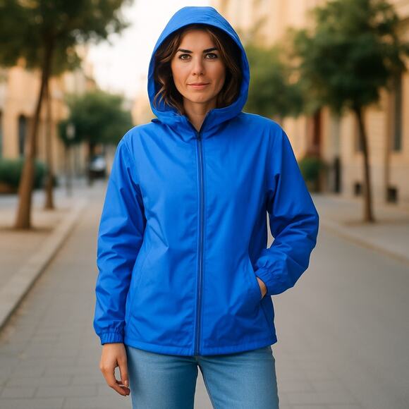 LL Bean Misses Small Petite Jacket Rain Coat Hood Spring Point Parka Zip Blue - Picture 1 of 13